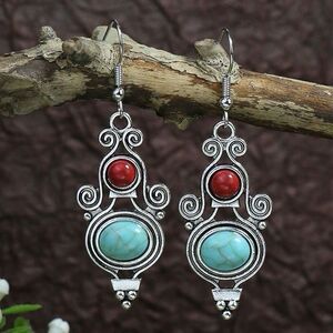 Tibetan Inspired Silver Tone Bohemian Earrings Faux Turquoise and Red Beaded